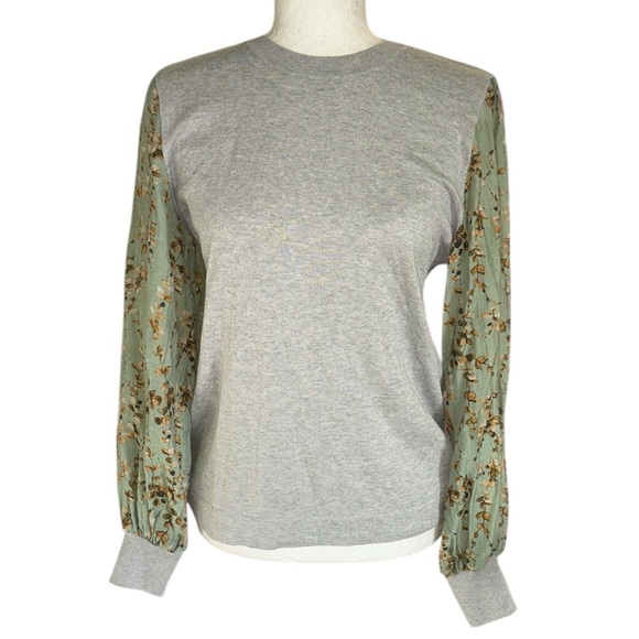 Current Air Anthro Gray Knit Sweater Knit Contrasting Floral Print Sleeve Top  M - Picture 2 of 10